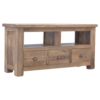 Hazel TV Media Unit Oak Mango Wood Farmhouse Style Three Drawers with Shell Handles & Plinth Base