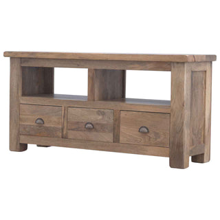 Hazel TV Media Unit Oak Mango Wood Farmhouse Style Three Drawers with Shell Handles & Plinth Base