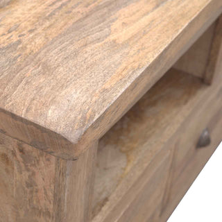 Hazel TV Media Unit Oak Mango Wood Farmhouse Style Three Drawers with Shell Handles & Plinth Base