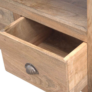 Hazel TV Media Unit Oak Mango Wood Farmhouse Style Three Drawers with Shell Handles & Plinth Base