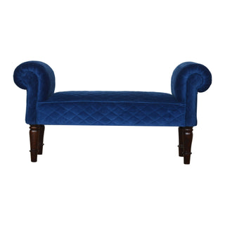 Celeste Upholstered Bench Royal Blue Velvet Diamond Quilted Scroll Arms