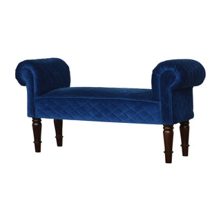 Celeste Upholstered Bench Royal Blue Velvet Diamond Quilted Scroll Arms