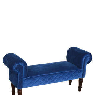 Celeste Upholstered Bench Royal Blue Velvet Diamond Quilted Scroll Arms
