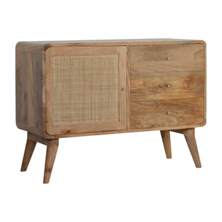 Woven Small Sideboard with Rattan Inlay Door and Drawers on Nordic Tapered Legs