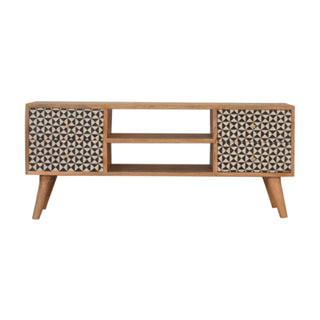Vesper Media Unit Oak Mango Wood Black & White Tile-Mosaic Screen-Printed Doors with Nordic Legs