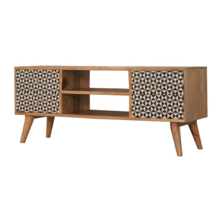 Vesper Media Unit Oak Mango Wood Black & White Tile-Mosaic Screen-Printed Doors with Nordic Legs