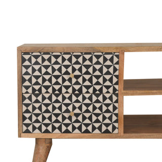 Vesper Media Unit Oak Mango Wood Black & White Tile-Mosaic Screen-Printed Doors with Nordic Legs