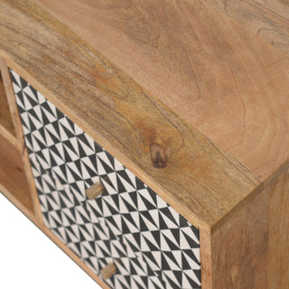 Vesper Media Unit Oak Mango Wood Black & White Tile-Mosaic Screen-Printed Doors with Nordic Legs