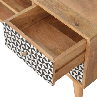 Vesper Media Unit Oak Mango Wood Black & White Tile-Mosaic Screen-Printed Doors with Nordic Legs