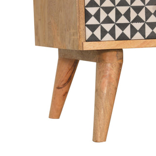 Vesper Media Unit Oak Mango Wood Black & White Tile-Mosaic Screen-Printed Doors with Nordic Legs