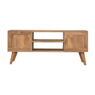 Vesper Media Unit Oak Mango Wood Black & White Tile-Mosaic Screen-Printed Doors with Nordic Legs