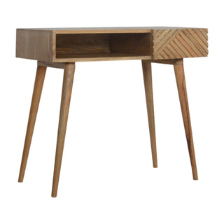 Fenix Writing Desk Mango Wood Dual Herringbone-Carved Drawers With Open Slot