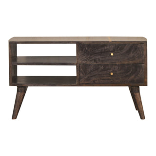 Noir Media Unit Ash Black Mango Wood Gold Cross-Line Inlay Drawers with Nordic Tapered Legs