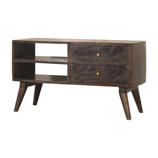 Noir Media Unit Ash Black Mango Wood Gold Cross-Line Inlay Drawers with Nordic Tapered Legs