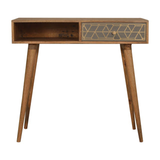 Auric Writing Desk Mango Wood Gold Dice Inlay Drawer With Brass Knob