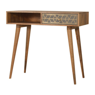 Auric Writing Desk Mango Wood Gold Dice Inlay Drawer With Brass Knob