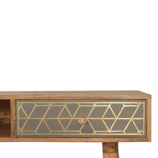 Auric Writing Desk Mango Wood Gold Dice Inlay Drawer With Brass Knob