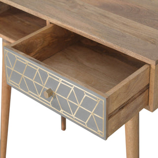 Auric Writing Desk Mango Wood Gold Dice Inlay Drawer With Brass Knob