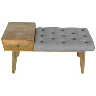 Finch Hallway Bench Grey Tweed Button Tufted Single Drawer Wood Knob Natural Oak Legs