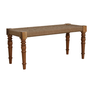 Weave Hallway Bench Woven Jute Herringbone Seat Hand-Turned Carved Mango Wood Legs