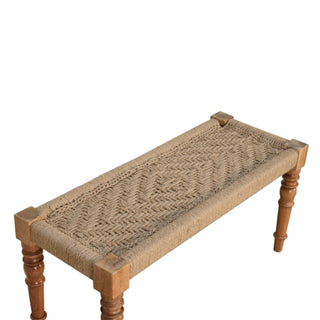 Weave Hallway Bench Woven Jute Herringbone Seat Hand-Turned Carved Mango Wood Legs
