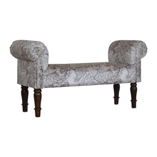 Atlas Bedroom Bench Vintage Map Print Fabric Scroll Arms Turned Dark Walnut Legs