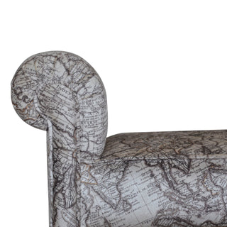 Atlas Bedroom Bench Vintage Map Print Fabric Scroll Arms Turned Dark Walnut Legs