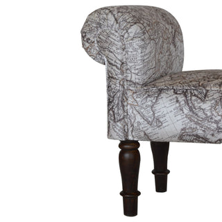 Atlas Bedroom Bench Vintage Map Print Fabric Scroll Arms Turned Dark Walnut Legs