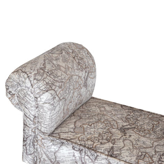 Atlas Bedroom Bench Vintage Map Print Fabric Scroll Arms Turned Dark Walnut Legs