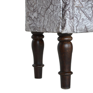 Atlas Bedroom Bench Vintage Map Print Fabric Scroll Arms Turned Dark Walnut Legs