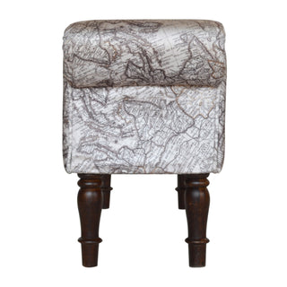 Atlas Bedroom Bench Vintage Map Print Fabric Scroll Arms Turned Dark Walnut Legs