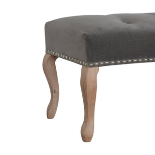 Cinder Bedroom Bench Charcoal Grey Velvet Button Tufted Antique Brass Studs French Cabriole