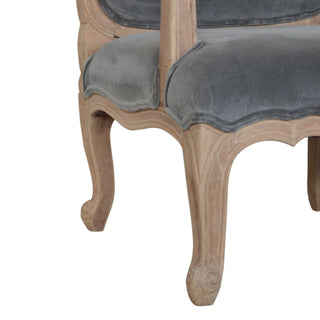 Grayson Armchair Grey Velvet French Style Carved Cabriole