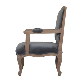 Grayson Armchair Grey Velvet French Style Carved Cabriole