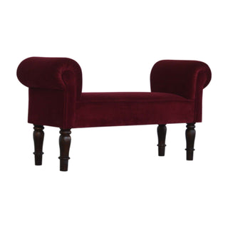 Scarlett Bedroom Bench Wine Red Velvet Scroll Arms Turned Dark Walnut Legs