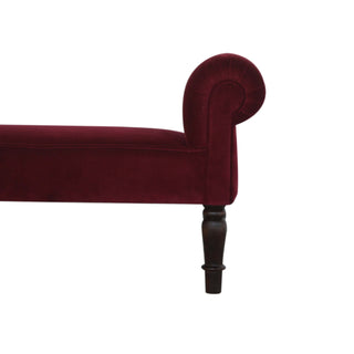 Scarlett Bedroom Bench Wine Red Velvet Scroll Arms Turned Dark Walnut Legs