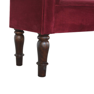 Scarlett Bedroom Bench Wine Red Velvet Scroll Arms Turned Dark Walnut Legs