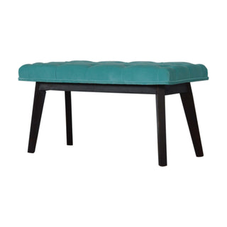 Reef Upholstered Bench Turquoise Velvet Button Tufted Long Rectangular Mid-Century Legs