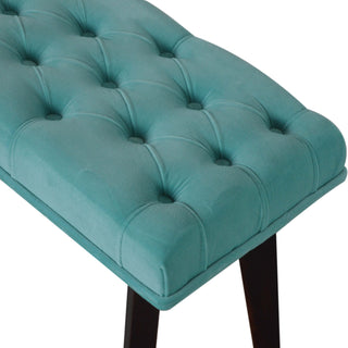 Reef Upholstered Bench Turquoise Velvet Button Tufted Long Rectangular Mid-Century Legs