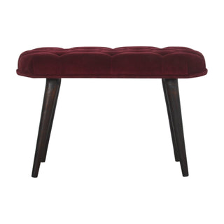 Nola Upholstered Bench Wine Red Velvet Deep Button Tufted Splayed Legs