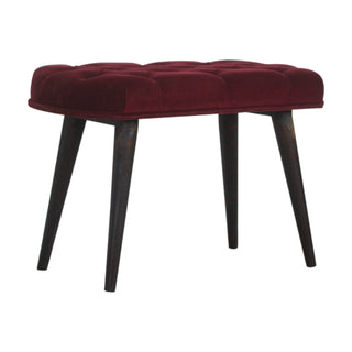 Nola Upholstered Bench Wine Red Velvet Deep Button Tufted Splayed Legs