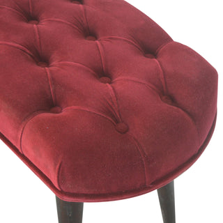 Nola Upholstered Bench Wine Red Velvet Deep Button Tufted Splayed Legs