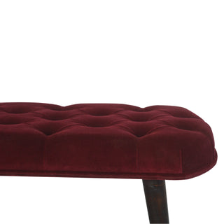 Nola Upholstered Bench Wine Red Velvet Deep Button Tufted Splayed Legs