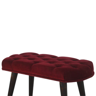 Nola Upholstered Bench Wine Red Velvet Deep Button Tufted Splayed Legs