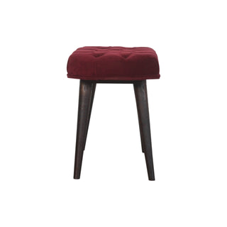 Nola Upholstered Bench Wine Red Velvet Deep Button Tufted Splayed Legs