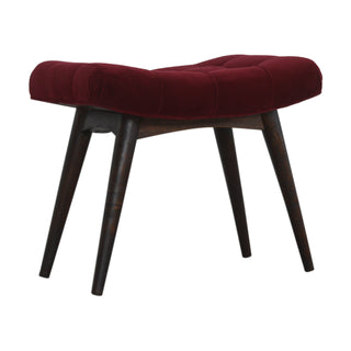 Reva Upholstered Bench Wine Red Velvet Channel Tufted Curved Saddle Nordic Legs