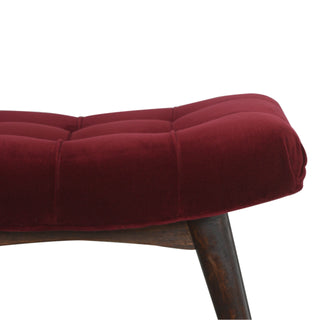 Reva Upholstered Bench Wine Red Velvet Channel Tufted Curved Saddle Nordic Legs