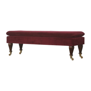 Vesper Upholstered Bench Wine Red Velvet Brass Castor Feet