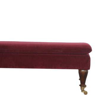Vesper Upholstered Bench Wine Red Velvet Brass Castor Feet