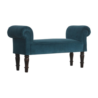 Marina Bedroom Bench Teal Velvet Scroll Arms Turned Dark Walnut Legs